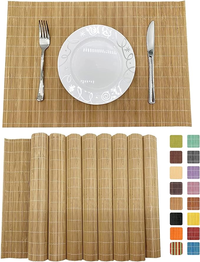 ANDSTAR Set of 8 Pcs Bamboo Placemats Sushi Rolling Mat Japanese Style Natural Anti-Slip, Washable Heat-Resistant Table Mats for Dining Room and Kitchen（Brown）