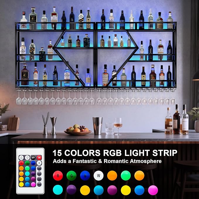 79 Inch Metal Wine Rack Wall Mounted with LED Light, Large Capacity Hanging Wine Bottles Display Shelf with Glasses Holder, for Home Bar Kitchen, Living Room