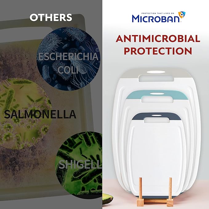 Neoflam Microban Protection Cutting Board 3 Piece Set, Stain & Odor/BPA Free, Reversable Board, Upgraded Larger Juice Groove, Non-Slip EZ Grip Handle, Dishwasher Safe,Grey