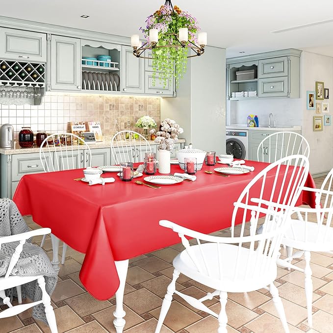 homing Rectangle Vinyl Tablecloth, Waterproof Spillproof Plastic Flannel Backed Table Cloth, Wipe Clean Table Cover for Dining, Buffet Parties and Camping (Red, 52" x 70")