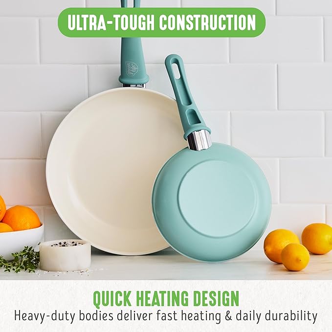 GreenLife Non Stick Fry Pan Set (7" & 10"), Non-Toxic PFAS-Free Ceramic Skillets, Dishwasher & Oven Safe, Egg Omelet Frying Pans, Stay- Cool Handles, Kitchen Home Cooking Essentials, Turquoise