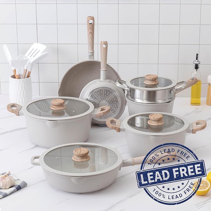 Country Kitchen Non-Stick Cast Aluminum Cookware Set - Durable Kitchen Cookware for Everyday Cooking, Cream Round Handle, 11 Pc.