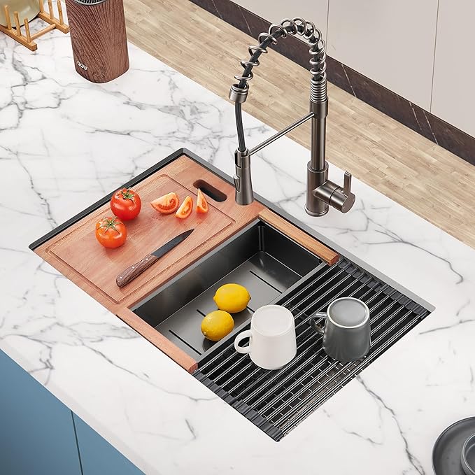 28 inch Gunmetal Black Undermount Kitchen Sink, HausinLuck 16 Gauge Stainless Steel Undermount Workstation Kitchen Sink Handmade 10 inch Deep Single Bowl Sink with Ledge and Accessories (Pack of 5)