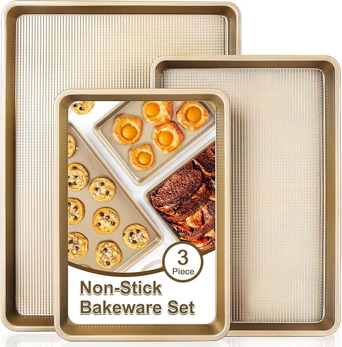 Baking Sheet Baking Pan Set of 3, Nonstick Cookie Sheets for Baking Supply, 17.8''/14.8''/12.8'' Carbon Steel Half/Jelly Roll/Quarter Baking Tray with Diamond Texture, Heavy Duty Cookie Tray
