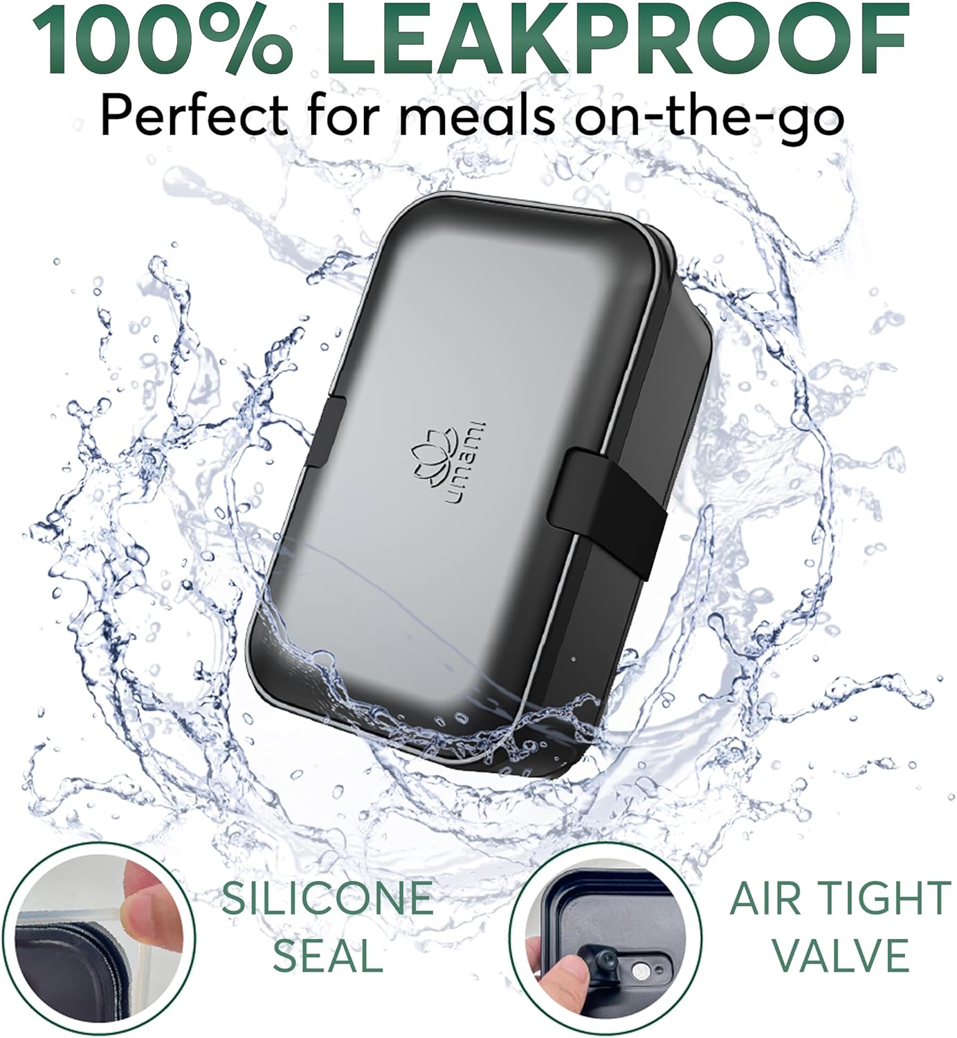 Umami Lunch Box Containers w/ 4 Utensils, Sauce Jar, Nestable Space-Saving Bento Box Adult, 100% Leakproof, Microwavable Lunch Containers for Adults, Design Award Winner, Black, 30 oz