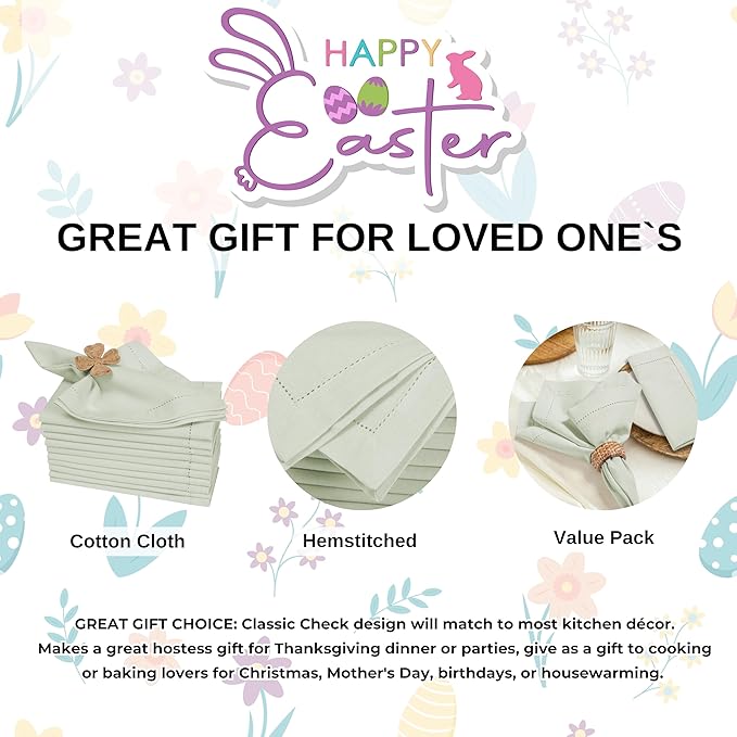 Bedding Craft Cotton Cloth Dinner Napkins Set of 12 – 18x18 Aloe Wash Finish with Hemstitched Corners – Machine Washable Fabric Napkins for Weddings, Parties & Dining