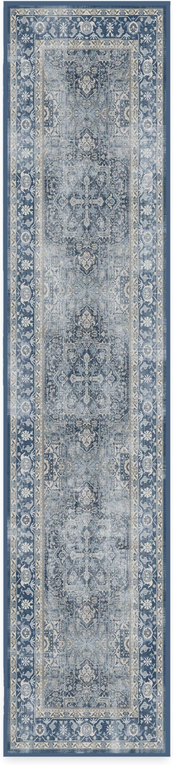 RUGGABLE Washable Area Rug – Kamran Admiral Blue 2.5'x12', Stain-Resistant, Non-Slip – Medium Machine Washable Rugs for Living Room, Bedroom, Hallway, Entryway & Office–with Standard Pad