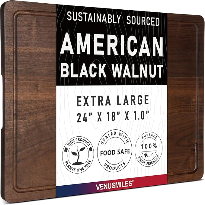 Walnut Wood Cutting Board for Kitchen with Deep Juice Groove & Side Handles, 24”L x 18”W x 1”H, Handcrafted North American Black Walnut Wood Grain, Extra Large Chopping Board, Reversible Butcher Block