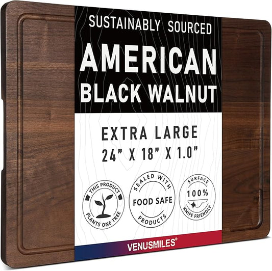 Walnut Wood Cutting Board for Kitchen with Deep Juice Groove & Side Handles, 24”L x 18”W x 1”H, Handcrafted North American Black Walnut Wood Grain, Extra Large Chopping Board, Reversible Butcher Block