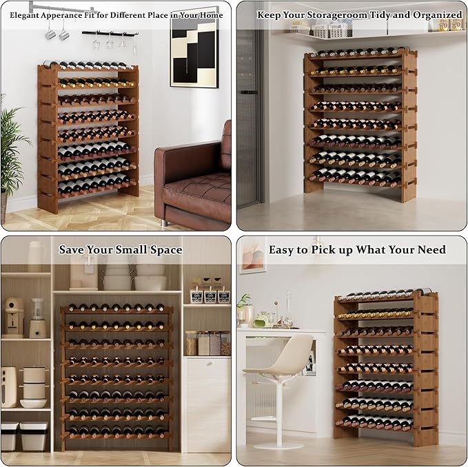 Bambloom Wine Rack Freestanding Floor, Wooden Stackable Bottle Storage Rack for Kitchen,Cellar. 72 Bottles Wine Holder Display Shelves for Champagne(Walnut)