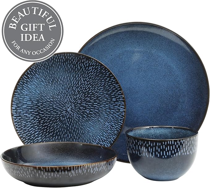 Gibson Elite Matisse 16-Piece Dinnerware Set – Double Bowl Reactive Glaze Stoneware in Blue – Plates and Bowls for 4, Microwave & Dishwasher Safe, Rustic Modern Design