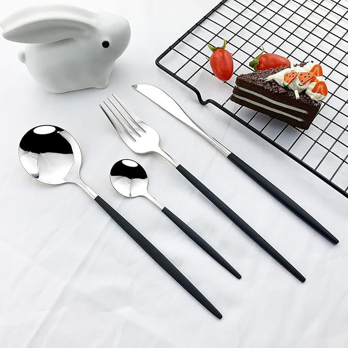 JASHII Flatware Serving Set 24 Piece, Stainless Steel Silverware Set, Titanium Black Silver Cutlery Set, Modern Elegant Tableware Set for Party, Christmas, Dinner (Black Silver)