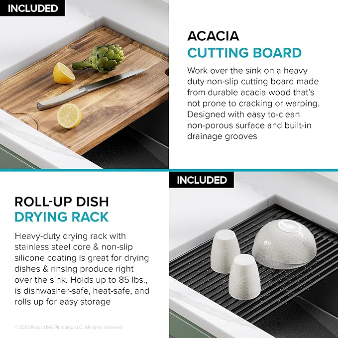 KRAUS Kore Workstation 33-inch Farmhouse Apron Front 16 Gauge Black Stainless Steel Single Bowl Kitchen Sink in PVD Gunmetal Finish with Accessories, KWF210-33/PGM