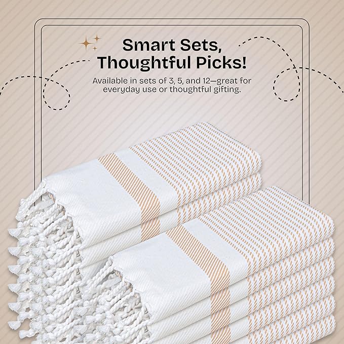 Beige Turkish Kitchen Towels 16x26 Inch, 12 Pack, 100% Cotton, Ultra Absorbent, Soft, Fast Dry, Machine Washable, Dish Towel with Tassels for Drying Dishes, Cleaning, Everyday Use