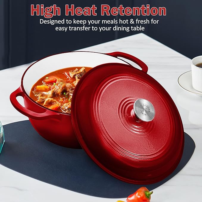 Vivicreate 6 Quart Enamel Cast Iron Dutch Oven Pot with Lid – Enameled Cookware for Baking, Roasting, and Braising – Durable Cast Iron Pot for Stove Top and Oven Use Red color (Red)