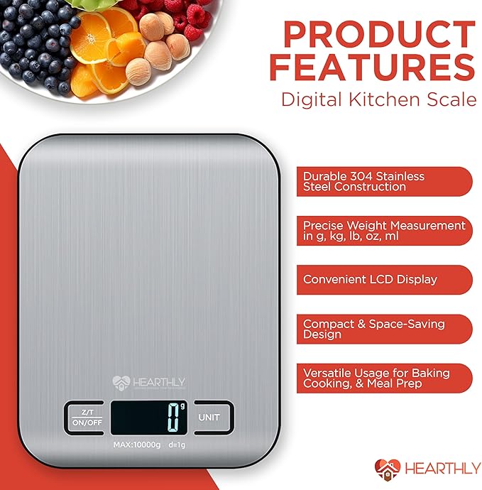Food Scale| Digital Kitchen Scale for Cooking and Baking, Batteries Included, Weighs up to 22 pounds, Kitchen Scales Digital Weight Grams and Ounces, 304 Stainless Steel - Silver Grey