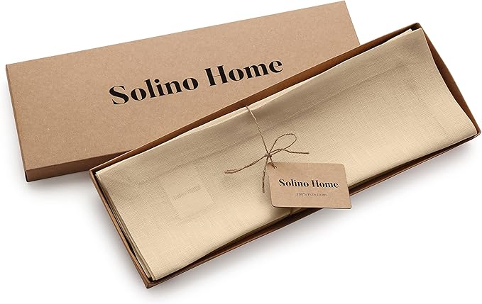 Solino Home Linen Beige Placemats Set of 4 - 100% Pure Linen Placemats 14 x 19 Inch for Fall, Autumn, Thanksgiving, Christmas - Fete