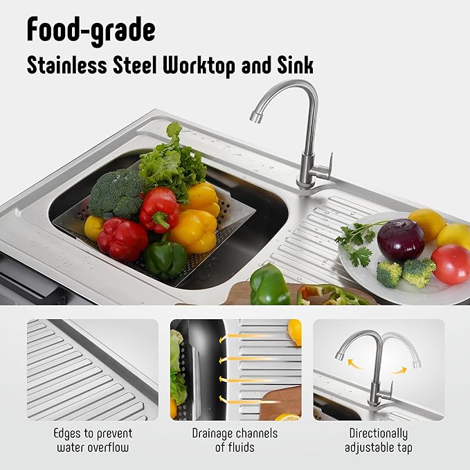 35” Outdoor Grill Cart with Sink, Outdoor Kitchen Sink Station with Hose Hook Up, Free Standing Sink with Wheels, Stainless Steel Sink with Single Bowl, Outdoor Utility Sink with Faucet