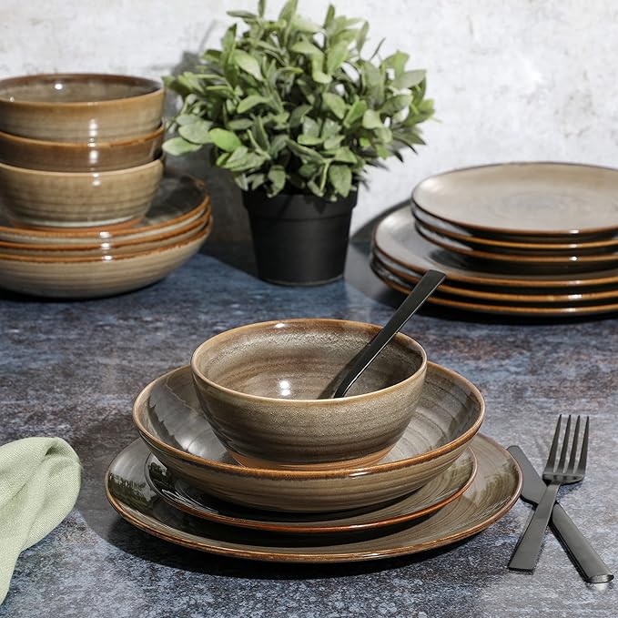 Gibson Elite 16 Piece Dreamweaver Double Bowl Terracotta Reactive Dinnerware Set - Earthy Brown, Service for 4 (16pcs)