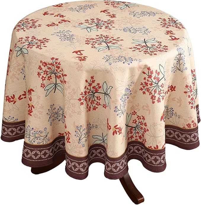 patdrea Designer Floral Linen Table Cloth Durable Breathable Tabletop Cover Dacorative Kitchen Dining Tablecloth for Round Tables for Kitchen Dining Parties,Holiday Christmas,Diameter 55"