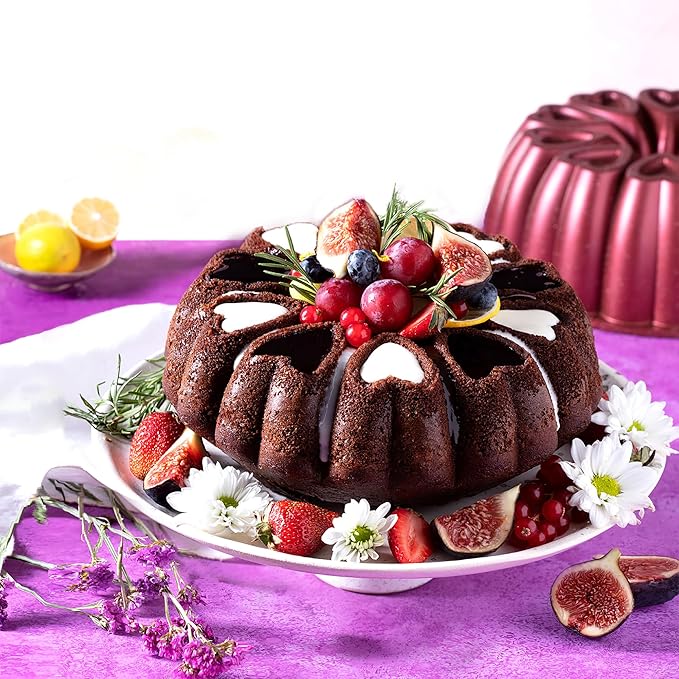 Heart Shape Cast Aluminum Molded Cake Pan, Titanium Coating, Non-Stick, 12 Cups, 10 Inch Pound Pan intended for Bundt Cakes, Gifts for Mom, Fluted Tube, Easy to Clean (3-Pack, Gold-Black-Red)