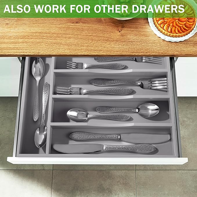 Greenual Gray Silverware Organizer 10 In Utensil Organizer Silverware Tray for Drawer Cutlery Flatware Organizer for Kitchen Bamboo Wood