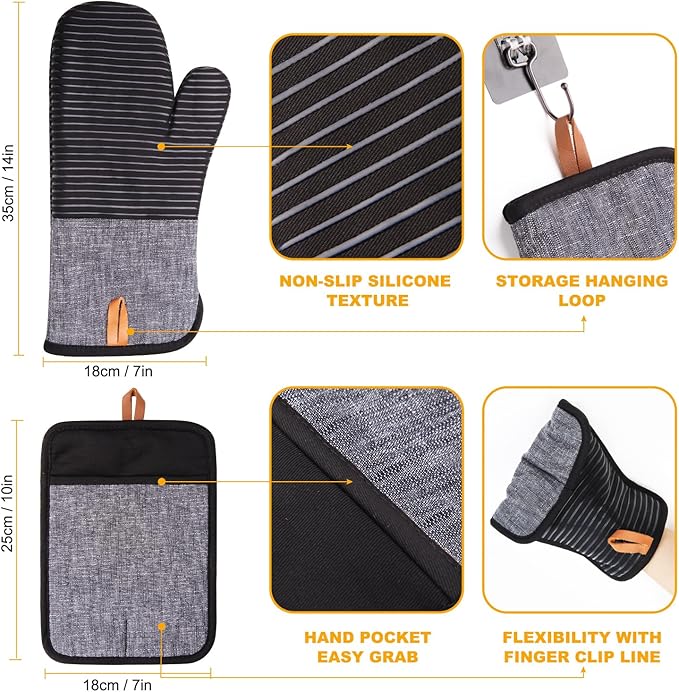 4PCS TIPTAP Oven Mitts, Kitchen Oven Mitts Set, Non Slip Cotton Oven Mitt and Pot Holders,Heat Resistant, Machine Washable,2 Long Mit and 2 Pot Holder(Black)