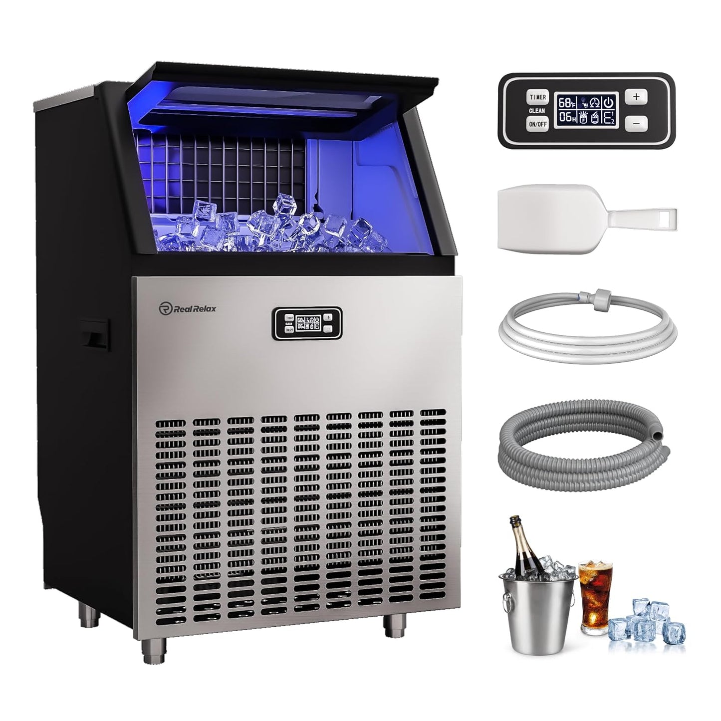 Real Relax Commercial Ice Maker Machine, 270LBS/24H Integrated Ice Machine, 48LBS Ice Storage Capacity, Auto Self-Cleaning, LCD Display, Blue Light, with Ice Scoop for Home Restaurant Bar Office Party