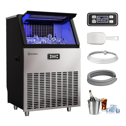 Real Relax Commercial Ice Maker Machine, 270LBS/24H Integrated Ice Machine, 48LBS Ice Storage Capacity, Auto Self-Cleaning, LCD Display, Blue Light, with Ice Scoop for Home Restaurant Bar Office Party