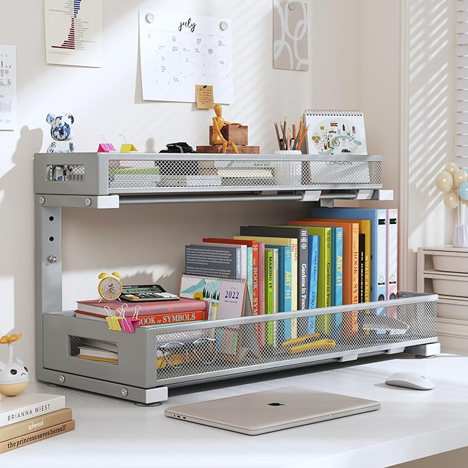 2 Pack 20.47IN Depth Under Sink Storage Organizer, Large 2-Tier Elegant Mesh Pull Out Shelf for Kitchen and Bathroom Cabinet Organization, L-Shaped and Adjustable Height Design-Gun Gray