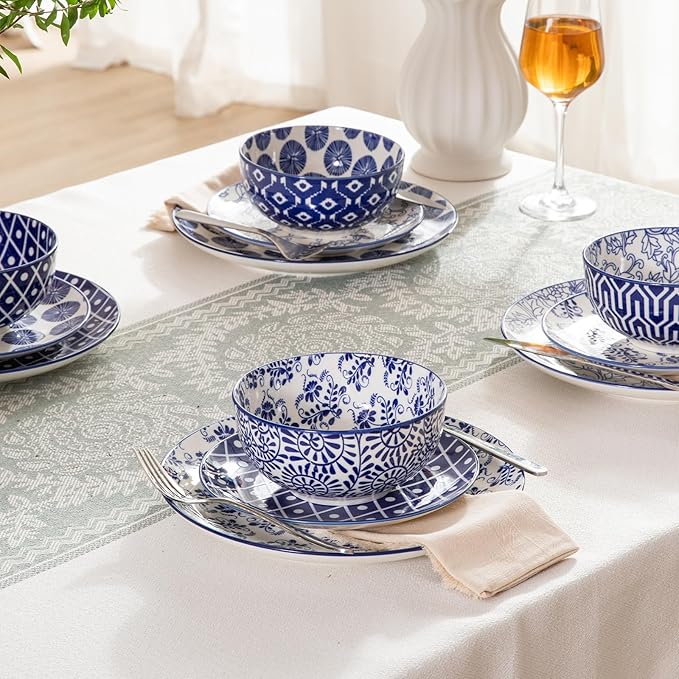 Sweejar 18 Pieces Ceramic Dinnerware Sets, Handmade Plates and Bowls Sets, Highly Scratch Resistant Dishes Set for Kitchen,Porcelain Dishwasher & Microwave Safe Dishes Set,Service for 6 (Vintage Blue)