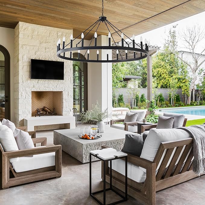 53 Inch Large Black Farmhouse Wagon Wheel Chandelier,24-Light Round Industrial Pendant Light fixtures for Outdoor Porch high Ceilings Living Dining Room Foyer Entryway