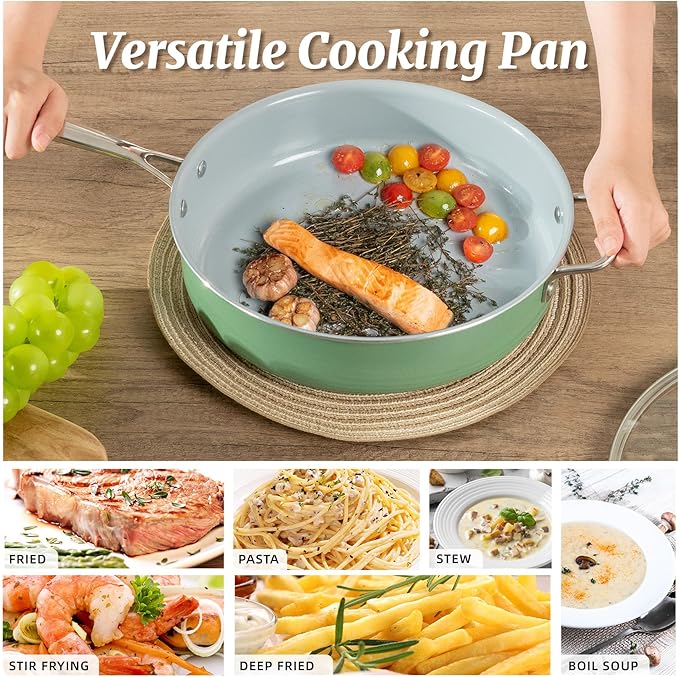 Nonstick Sauté Pan with Lid 5 QT Deep Frying Pan with Stainless Steel Helper Handle 12 inch Large Skillet Ceramic Jumbo Cooker for Healthy Cooking, Induction Compatible Cookware, PFOA Free