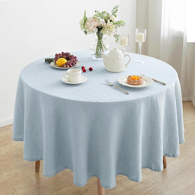 Linen World Blue Linen Tablecloth - 100% French Linen Round Tablecloth 60" Inch, Washable Natural Tablecloth for Dining, Outdoor, Weddings and Restaurants, Decorative Valentine Easter - Mist Blue