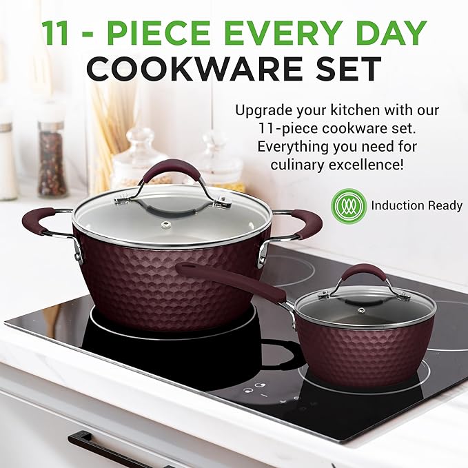 NutriChef Nonstick Cookware Excilon Home Kitchen Ware Pots & Pan Set with Saucepan Frying Pans, Cooking Pots, Lids, Utensil PTFE/PFOA/PFOS free, 11 Pcs, Purple Diamond, One size