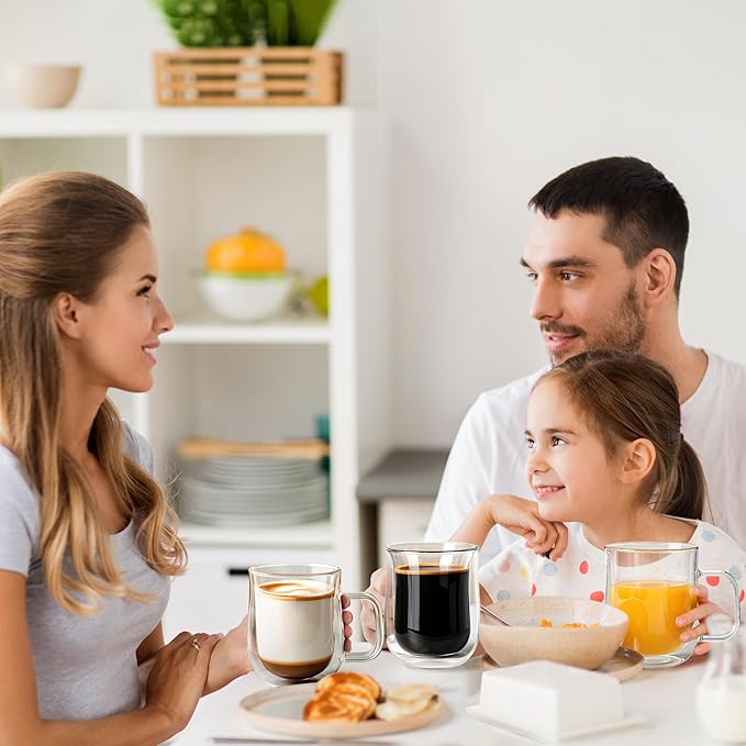 Double Walled Glass Coffee Mugs 16 OZ, Borosilicate Glass Coffee Cups Set of 4 with Spoons, Insulated Clear Coffee Mug for Hot Beverages, Cappuccino, Latte, Tea Bag.