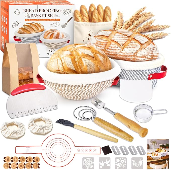 Sourdough Bread Baking Supplies Kit, 10" Oval & 9" Round Bread Proofing Basket Set Jar Scraper Scoring Lame Brush Short Danish Whisk, Sourdough Starter Kit Gift for Bread Making (Oval & Round)
