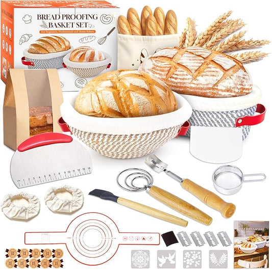 Sourdough Bread Baking Supplies Kit, 10" Oval & 9" Round Bread Proofing Basket Set Jar Scraper Scoring Lame Brush Short Danish Whisk, Sourdough Starter Kit Gift for Bread Making (Oval & Round)