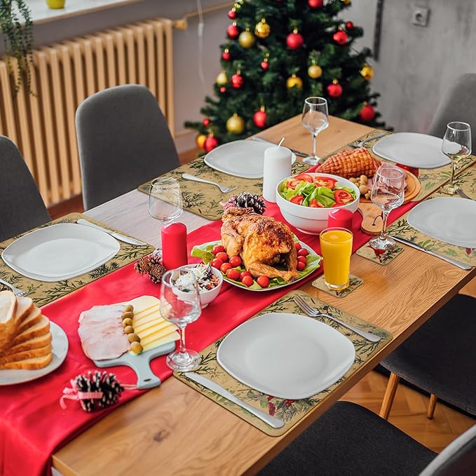 Le courant 16.9in 6PACK Christmas Bird Placemats with 6 Coasters, Reversible Faux Leather Easy Clean Waterproof Stain Resistant Place Mats, for Home Party Dining Holiday Table Decor