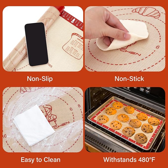 Non-Slip Silicone Baking Mat - 32x24 inch Extra Thick Pastry Mat with Measurements for Sourdough, Macarons, Bread, Pizza, Dough Rolling, Kneading, Oven Mat Heat Resistant to 480°F Gift for Baker