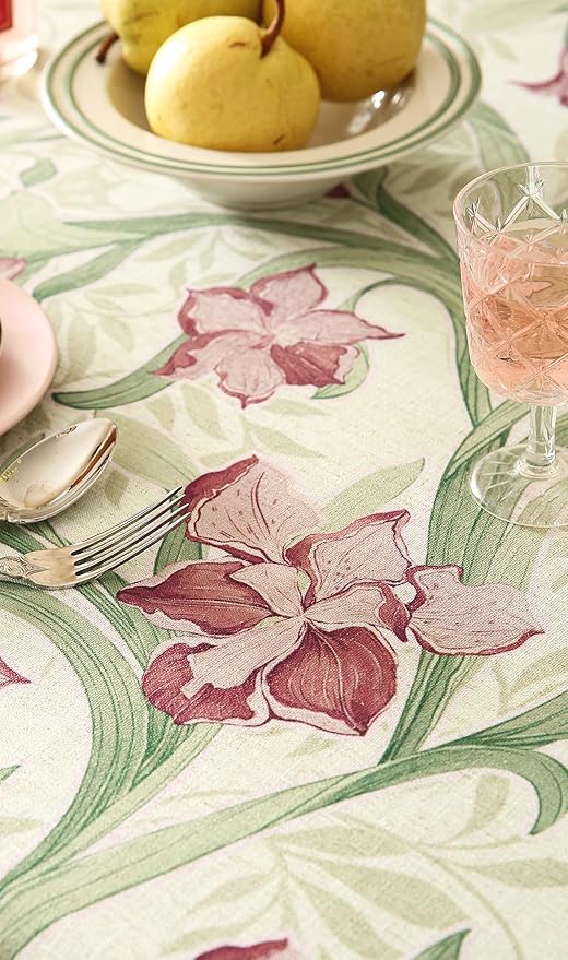 patdrea Designer Purple Tablecloth for Round Tables,Framhouse Linen Violets and Leaves Pattern Linen Tablecloth,Elegant Floral Table Cover Cloth Decor for Kitchen Dining Christmas,Diameter 67"