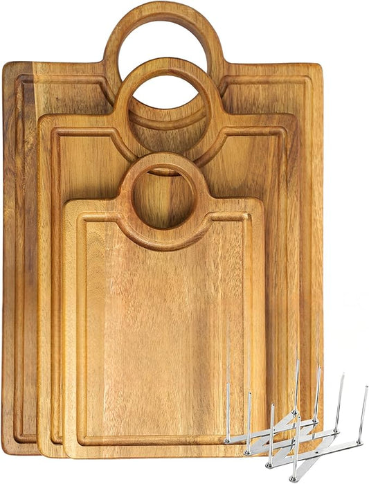 Acacia Wood Cutting Boards set of 3 with Juice Groove ＆ Handle Thickened Design Including Large(Chopping)/Medium(Prep)/Small(Serving) Multi-functional for Kitchen or Serving Tray