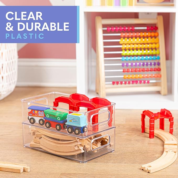 Plastic Food Storage 2 Pack Clear Container Bin with Handles for Organizing Kitchen, Pantry, Refrigerator, Freezer, Pantry, Cabinet, Closet, Bathroom. Stackable 10”x6”x3”