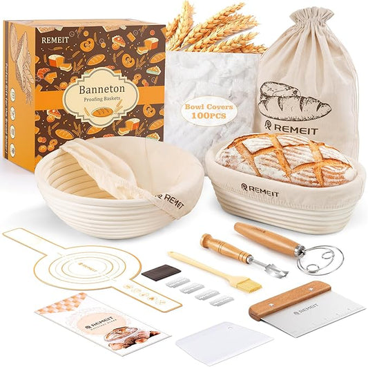 Banneton Bread Proofing Basket Sourdough Bread Baking Supplies, Sourdough Starter Kit with 9" Round and 10" Oval Baskets, Sling, Bread Lame, Proofing Cover, Scraper, Dough Whisk