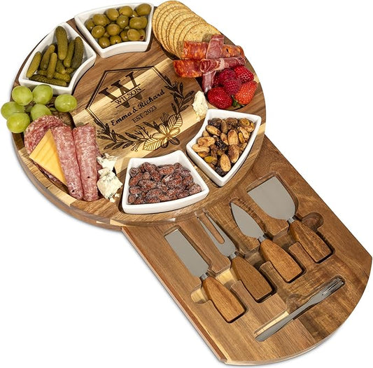 Personalized Charcuterie Board Gift Set, Acacia Cheese Board with Ceramic Bowls, Wedding Gifts for Couples, Housewarming Gift, Birthday Gifts for Women and Men, Custom Engraved Gift