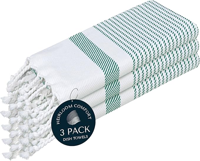 Turquiose Green Turkish Kitchen Towels 16"x26", 3 Pack, 100% Cotton, Ultra Absorbent, Soft, Fast Dry, Machine Washable, Dish Towel with Tassels for Drying Dishes, Cleaning, Wiping