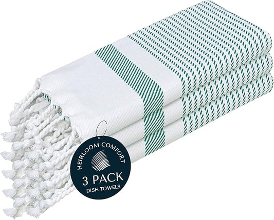 Turquiose Green Turkish Kitchen Towels 16"x26", 3 Pack, 100% Cotton, Ultra Absorbent, Soft, Fast Dry, Machine Washable, Dish Towel with Tassels for Drying Dishes, Cleaning, Wiping