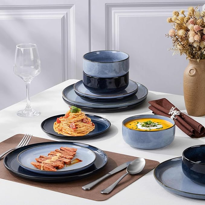 Herogo Stoneware Plates and Bowls Sets for 4, 12 Pieces Modern Dinnerware, Reactive Glaze Dishes Set for Kitchen, Chip Resistant, Microwave & Dishwasher Safe, Starry Blue & Haze Blue