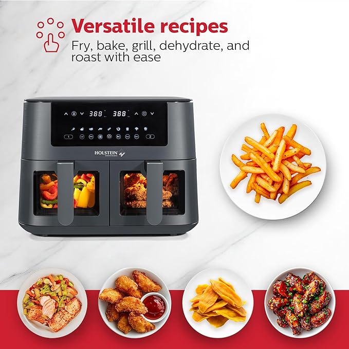 Holstein Housewares 8.4 QT Dual Basket Digital Air Fryer with LED touchscreen – Family Size Viewing Windows, Air Technology for Less Oil Use, Fry, Bake, Grill Roast, 8-in-1 Appliance