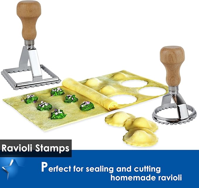 Ravioli Maker Cutter Stamps Set Round & Square Shape Ravioli Masker - Large Size Aluminum Press with Wooden Handle and Fluted Edge, Set of 2
